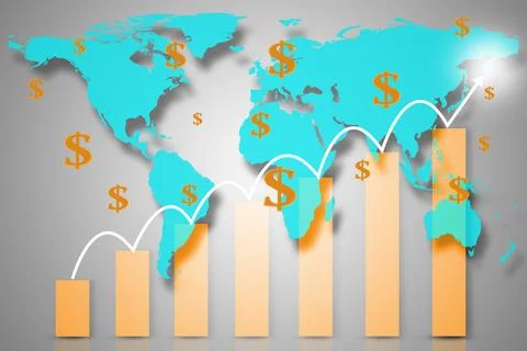 Double exposure with red world map with downward bar graph from business an.. Stock Photos