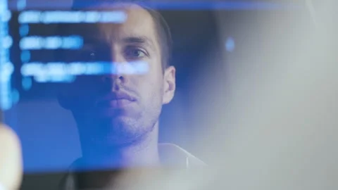Double Exposure Shot of Man Hacker Programmer working at a laptop. Reflection in Stock Footage 113581273