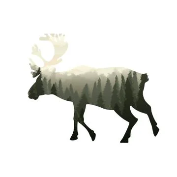 Double exposure, silhouette of deer. Иллюстрация