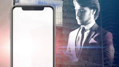 Double Exposure Smartphone Modern Technology Business Communication Handsome Man Stock Footage 84950396