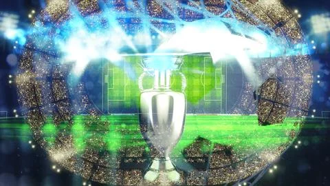 Double exposure soccer background with trophy of the winner and stadium. 3D Stock Illustration