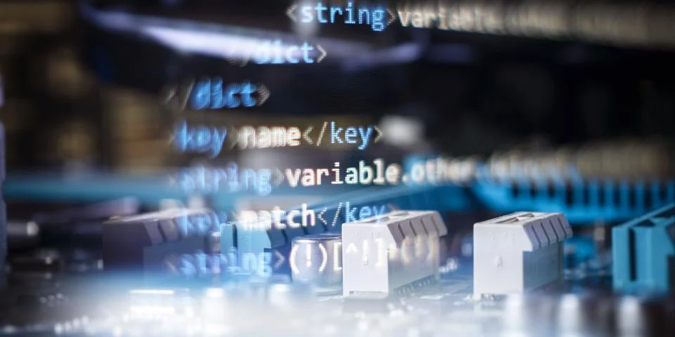 Double exposure of software code syntax and electronic components on a comput Stock Photos