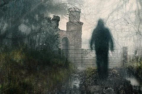 A double exposure of spooky castle. With a blurred ghostly figure on a path Stock Illustration