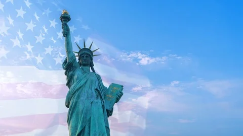 Double exposure with statue of liberty on blue sky and USA flag Stock Footage 108900486