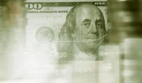 Double exposure stock financial with stack coin and banknote. Financial stock Stock Photos