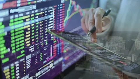 Double Exposure Stock Market Analysis with Cityscape Stock Footage 337731879