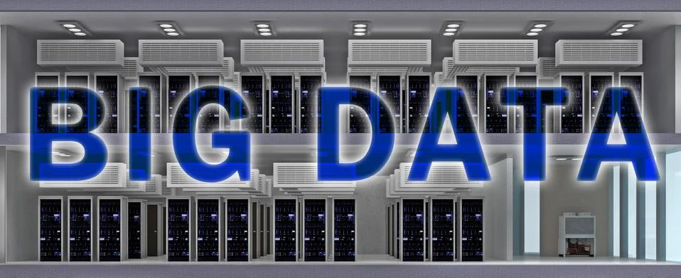 Double exposure text big data in building data center with floors in section Illustrazione stock