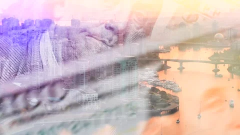 Double exposure of US hundred dollar banknotes against the modern city. Stock Footage 318553530