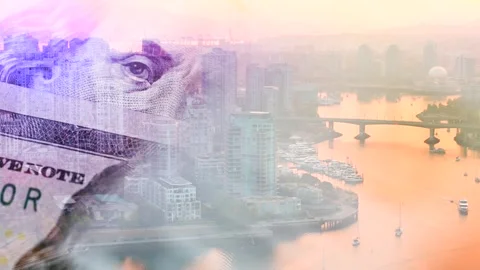Double exposure of US hundred dollar banknotes against the modern city. Stock Footage 321770502