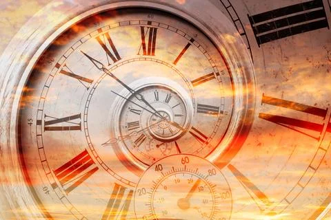 Double exposure of vintage style clock and sunset sky. Time concept Illustrazione stock