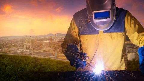 Double exposure welding worker welding steel structure with oil and gas refinery Photos