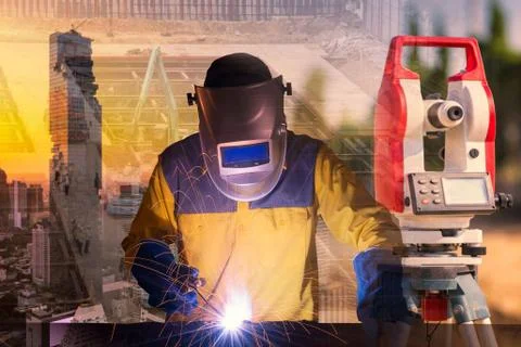 Double exposure welding worker welding steel structure with building Stock Photos
