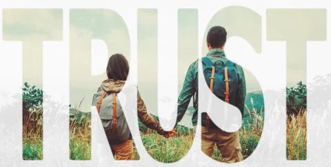 Double exposure word trust with image of traveler couple Stock Photos