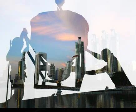 Double exposure of worker in construction site with city Stock Photos