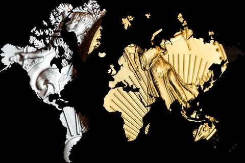 Double exposure with world map and golden and silver american eagle as backgr Foto stock
