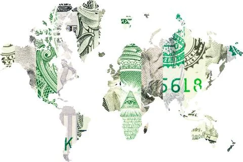 Double exposure with world map and american dollar collage as background Foto stock