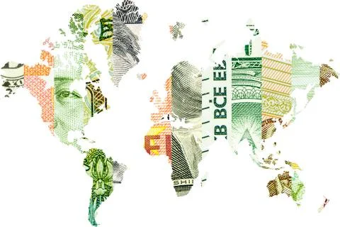 Double exposure with world map and yuan, ruble, euro and dollar collage as ba Stock Photos