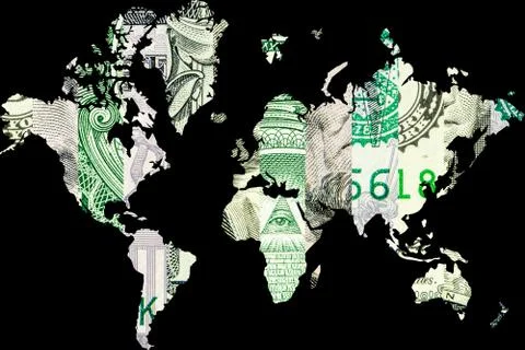 Double exposure with world map and american dollar collage as background Stock Photos
