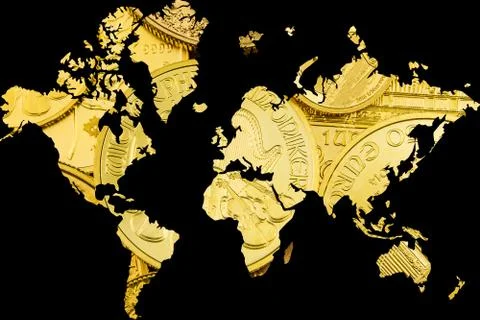Double exposure with world map and golden coins as background Stock Photos
