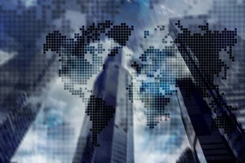 Double exposure world map. Global business and financial market concept. Illustrazione stock
