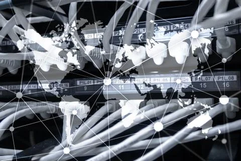 Double exposure world map. Global business and financial market concept. Stock Photos