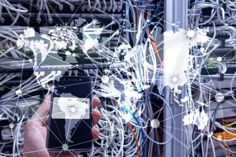 Double exposure world map. Global business and financial market concept. Stock Photos