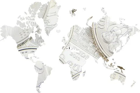 Double exposure with world map silver coins as background Foto stock
