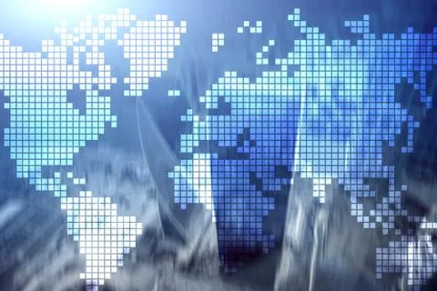 Double exposure world map on skyscraper background. Communication and global  Ilustración de archivo