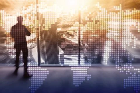 Double exposure world map on skyscraper background. Communication and global  Foto stock