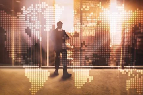 Double exposure world map on skyscraper background. Communication and global  Foto stock
