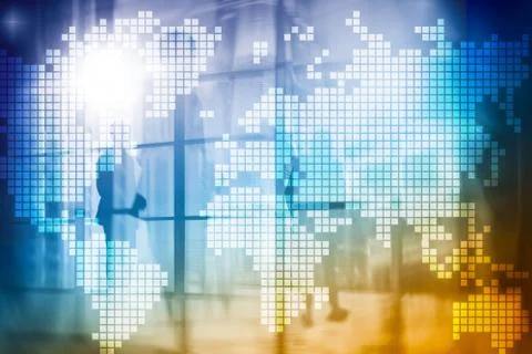 Double exposure world map on skyscraper background. Communication and global  Foto stock