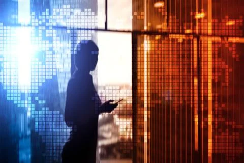 Double exposure world map on skyscraper background. Communication and global  Foto stock