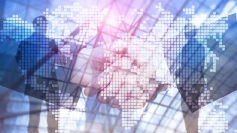 Double exposure world map on skyscraper background. Communication and global  Stock-Fotos