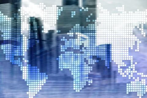 Double exposure world map on skyscraper background. Communication and global  Stock Photos