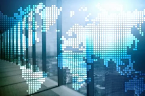 Double exposure world map on skyscraper background. Communication and global Stock Photos