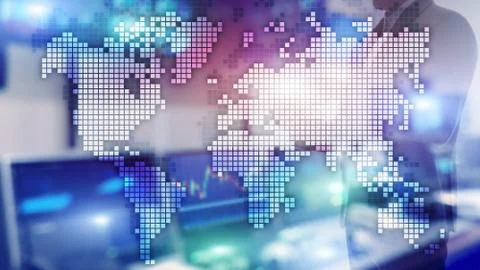 Double exposure world map on skyscraper background. Communication and global  Stock-Fotos