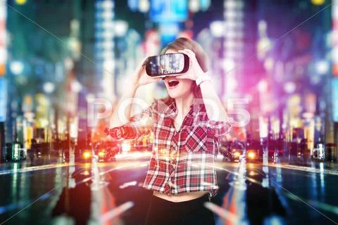 Double exposure, young girl getting experience VR headset, is using augmented Stock Photos