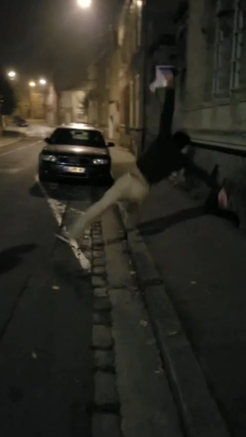 Double Fail By Man Magnetically Attracted To Hard Surfaces, Epernay, France Stock Footage 296835666