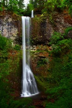 Double falls in silver falls state park in Oregon during early spring Stock Photos