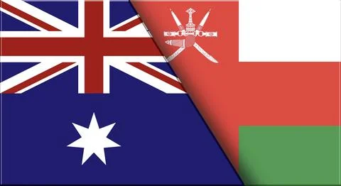 Double Flag of Australia and Oman. Australian and Omani National flags. 3D Stock Illustration