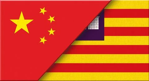 Double flag of China and Balearic Islands on fabric texture - 3D illustration Stock Illustration