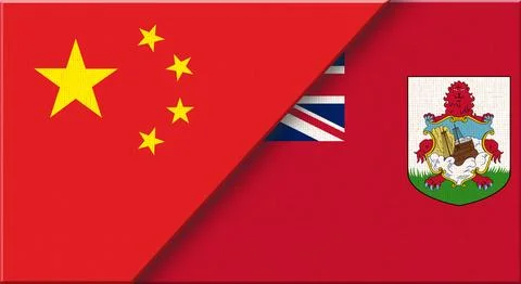 Double flag of China and Bermuda on fabric texture - 3D illustration Stock Illustration