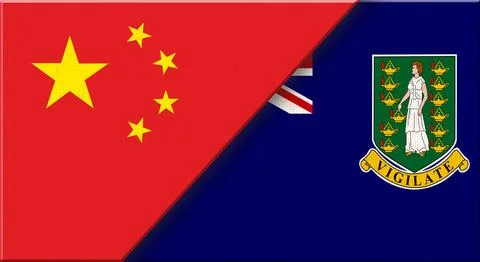 Double flag of China and British Virgin Islands on fabric - 3D illustration Stock Illustration