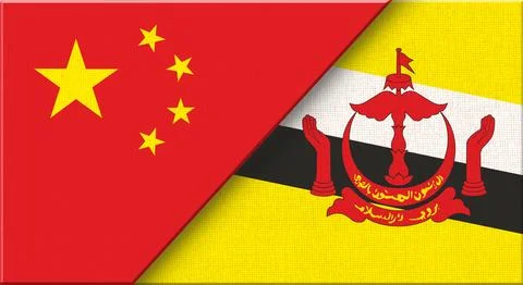 Double flag of China and Brunei on fabric texture - 3D illustration. Stock Illustration