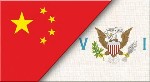 Double flag of China and US Virgin Islands on fabric texture - 3D illustratio Stock Illustration