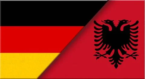 Double flag of Germany and Albania on fabric texture. German and Albanian fla Stock Illustration