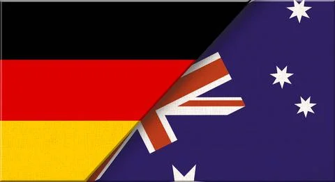 Double flag of Germany and Australia on fabric texture - 3D illustration. Stock Illustration