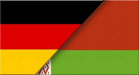 Double flag of Germany and Belarus on fabric texture - 3D illustration. Stock Illustration