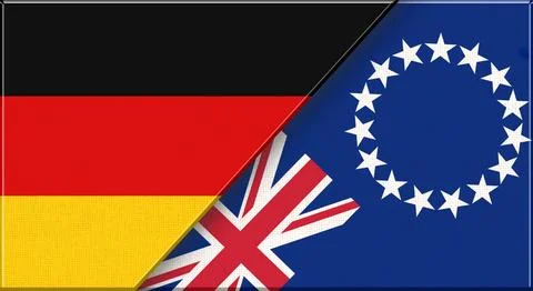 Double flag of Germany and Cook Islands on fabric texture - 3D illustration 库存插图