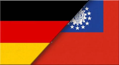 Double flag of Germany and Myanmar on fabric texture - 3D illustration. Stock Illustration
